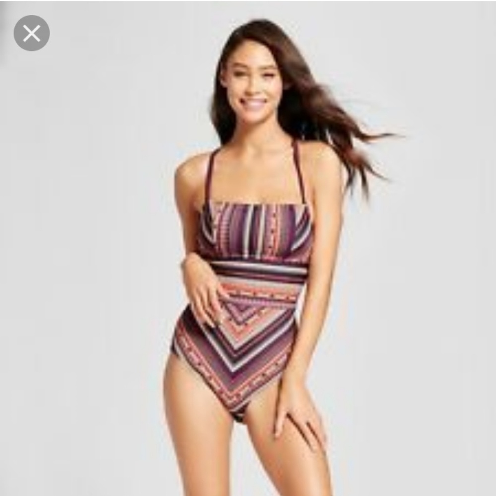 Tribal striped pattern burgundy lace up one piece